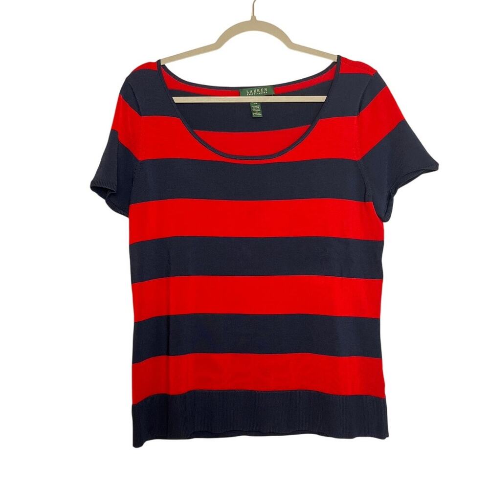 Lauren Ralph Lauren Slinky Knit Striped Short Sleeve Top Size Large Red Blue